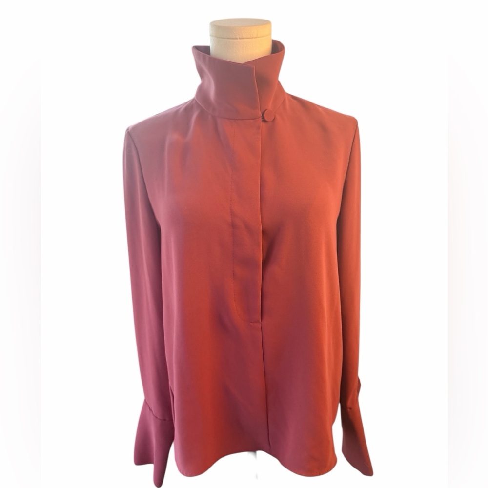 Babaton Funnel Neck Blouse S Mauve Satin Minimalist Chic Hidden Placket Top